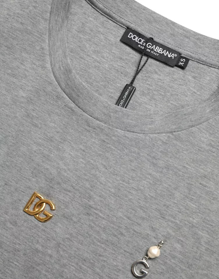 Gray Cotton Embellished Crew Neck  T-shirt