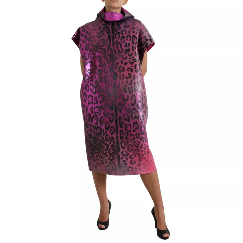 Pink Leopard Print Polyester Shift Midi Dress