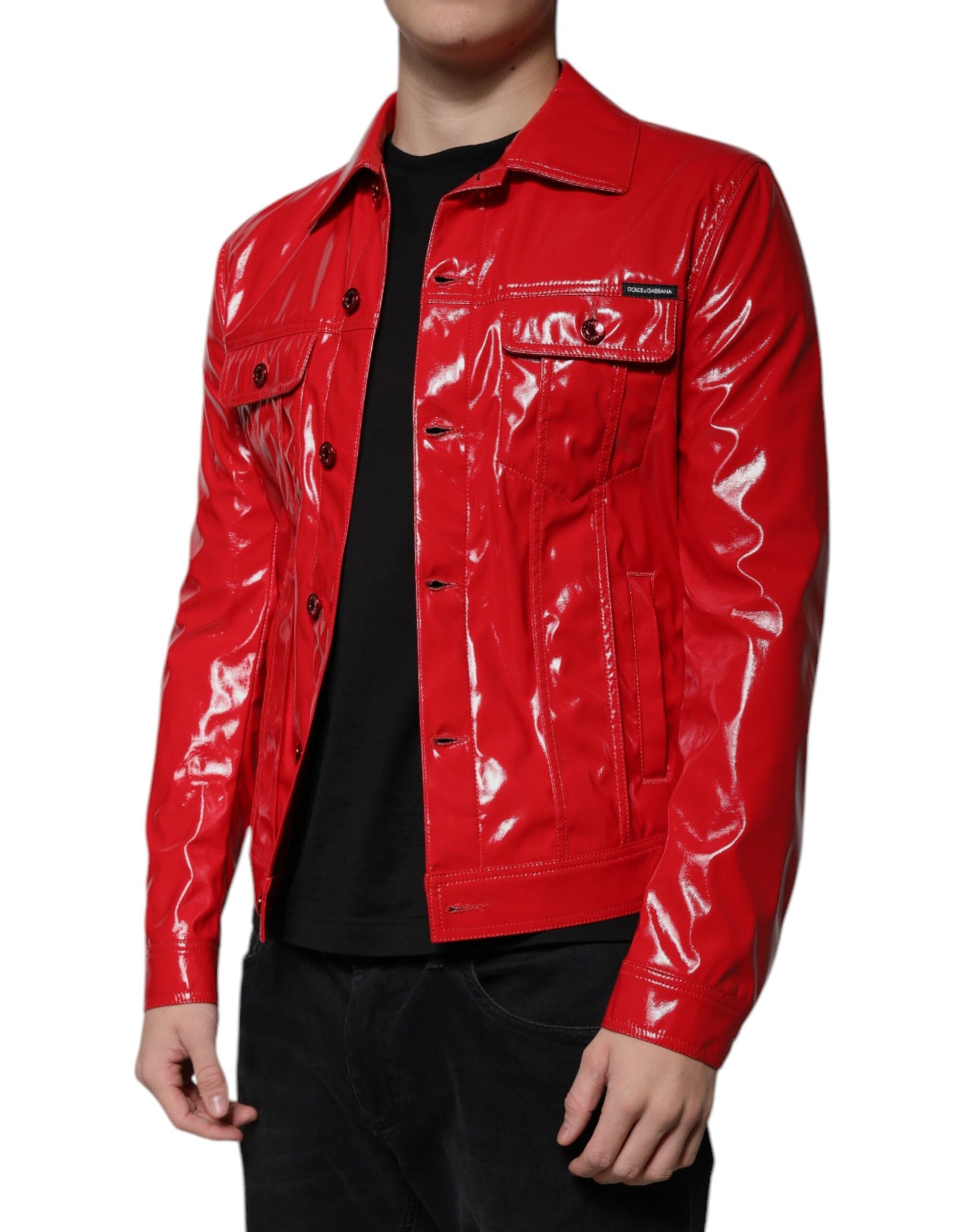 Red Polyester Button Down Collared Jacket