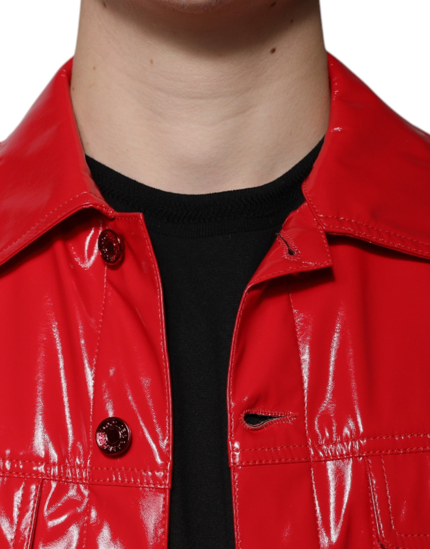 Red Polyester Button Down Collared Jacket