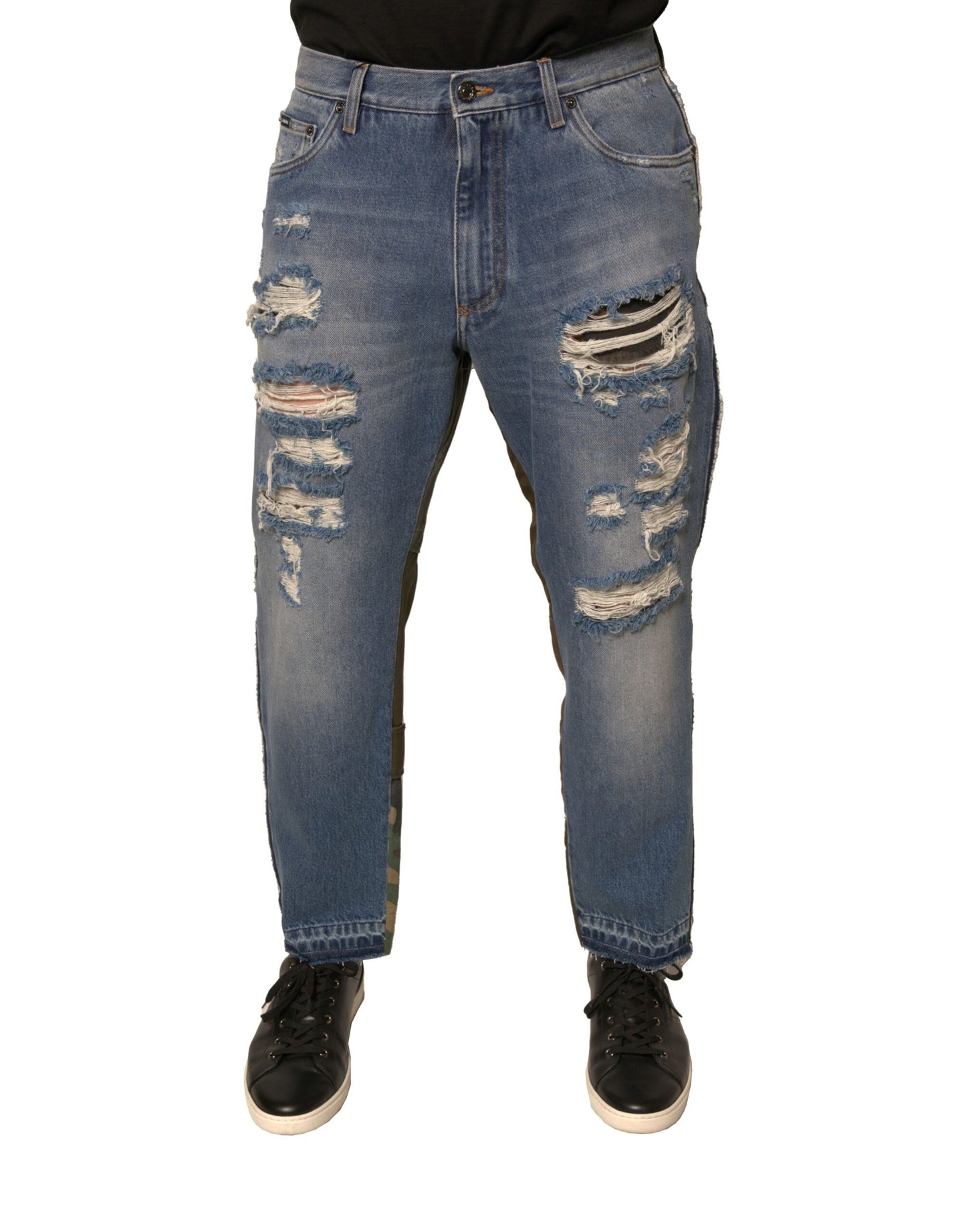 Blue Tattered Straight Cropped Denim Jeans