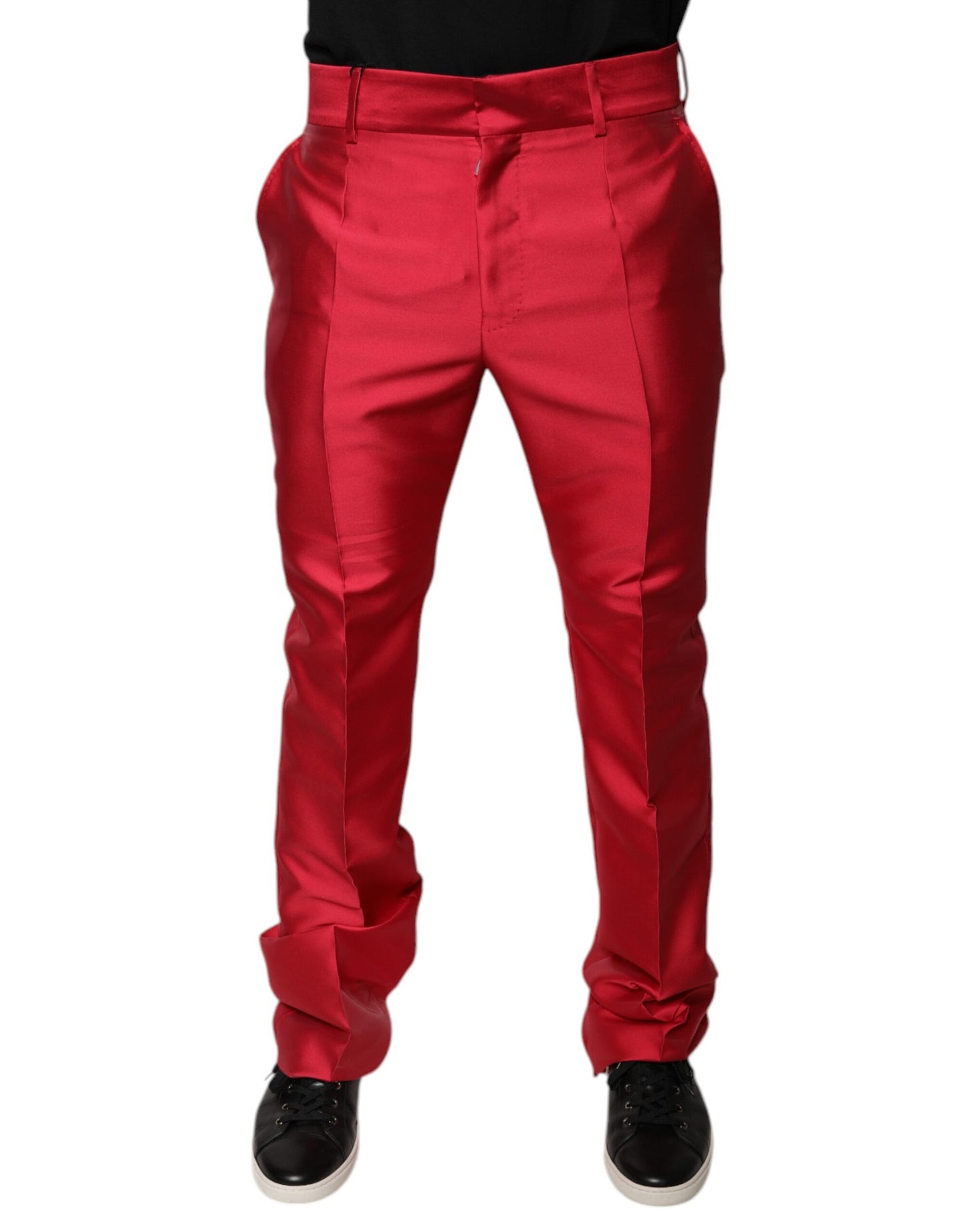 Red Silk Slim Fit Mid Waist Dress Formal Pants