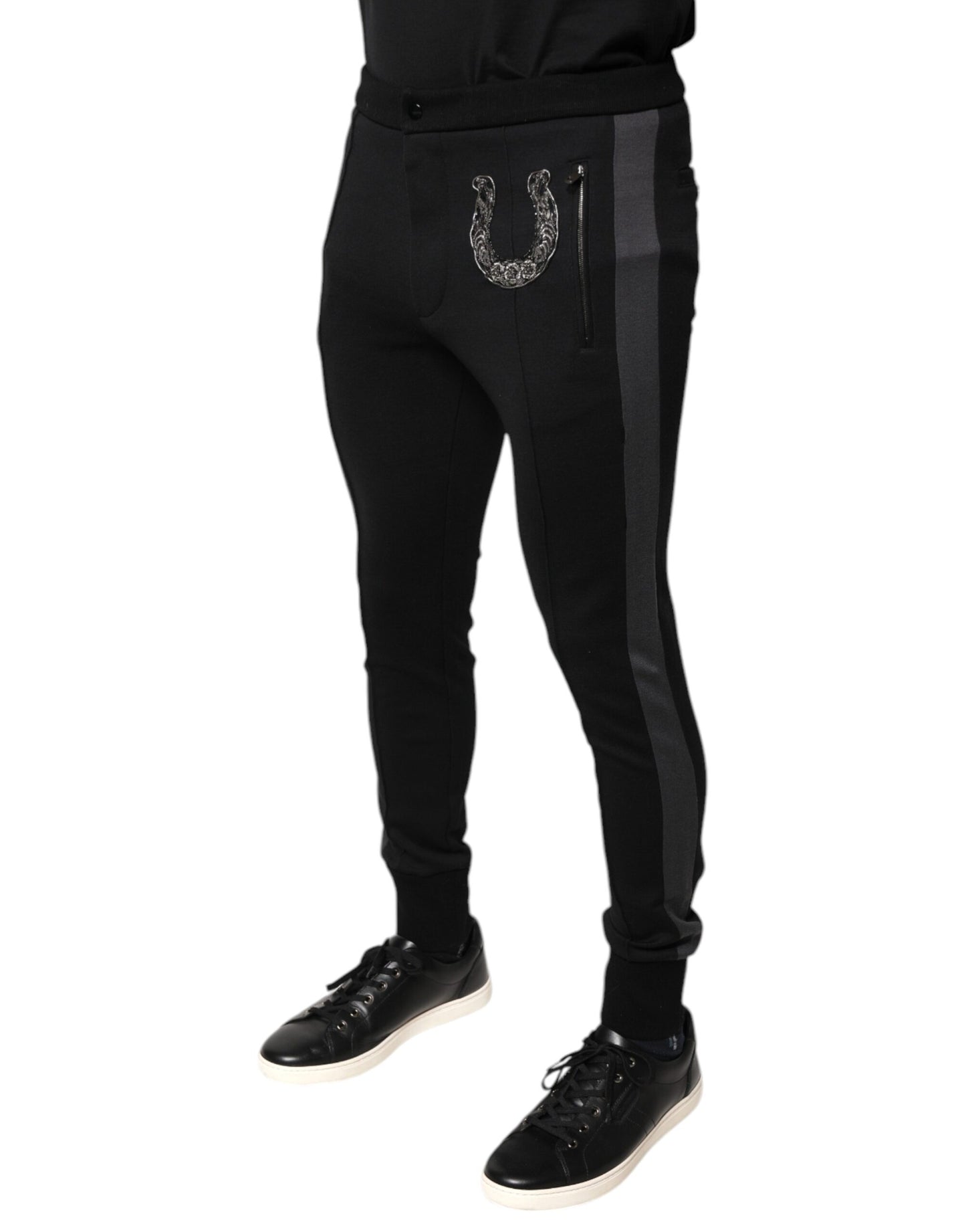 Black Horseshoe Embellished Wool Slim Fit Pants