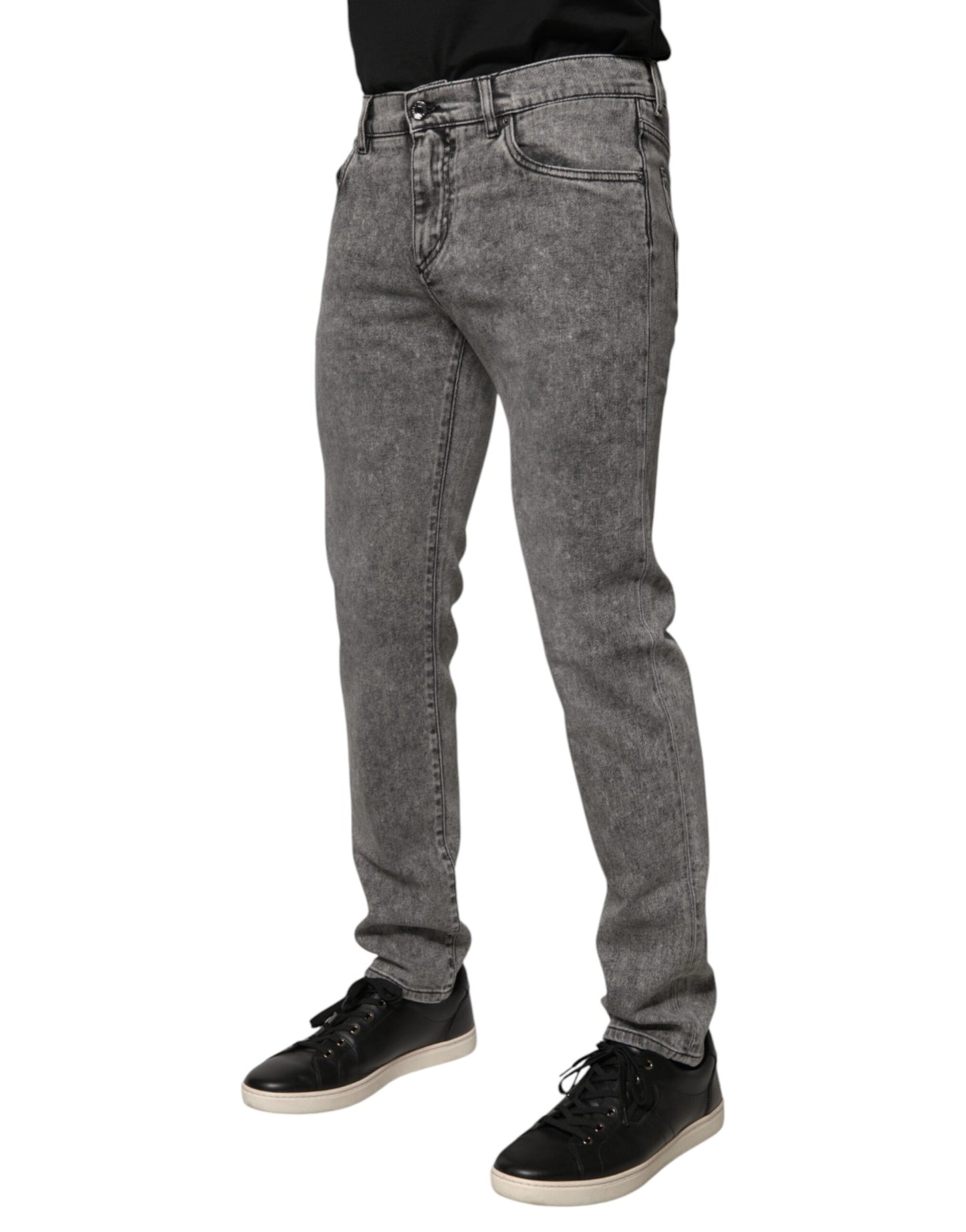 Gray Logo Plaque Cotton Slim Fit Denim Jeans