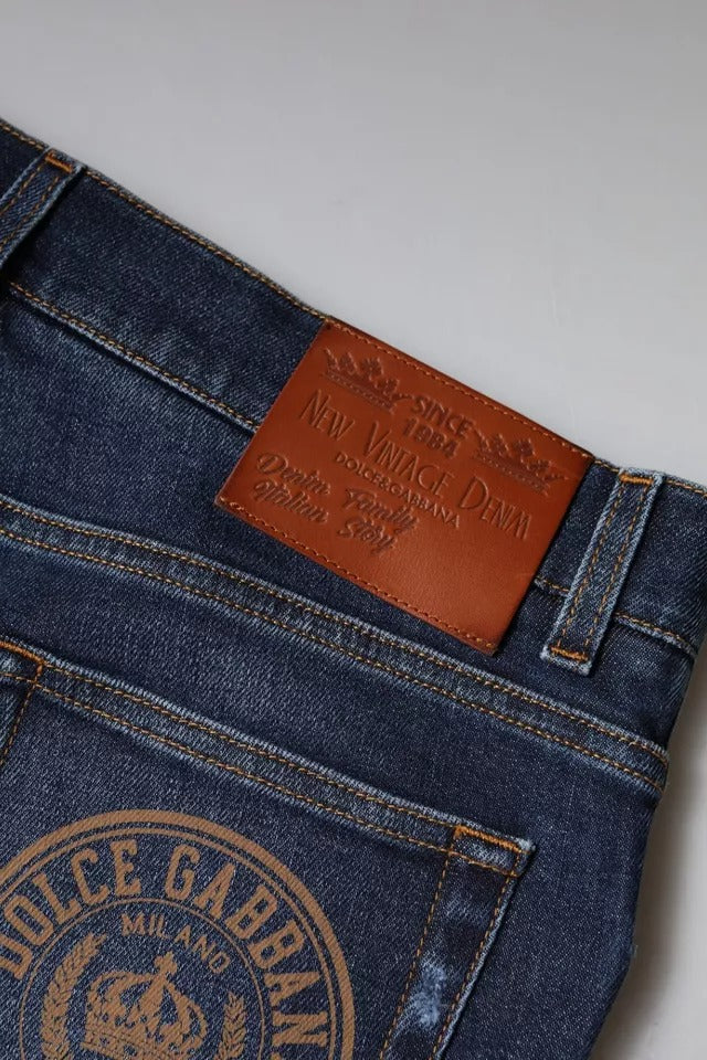 Blue Cotton Logo Print Slim Fit Denim Jeans