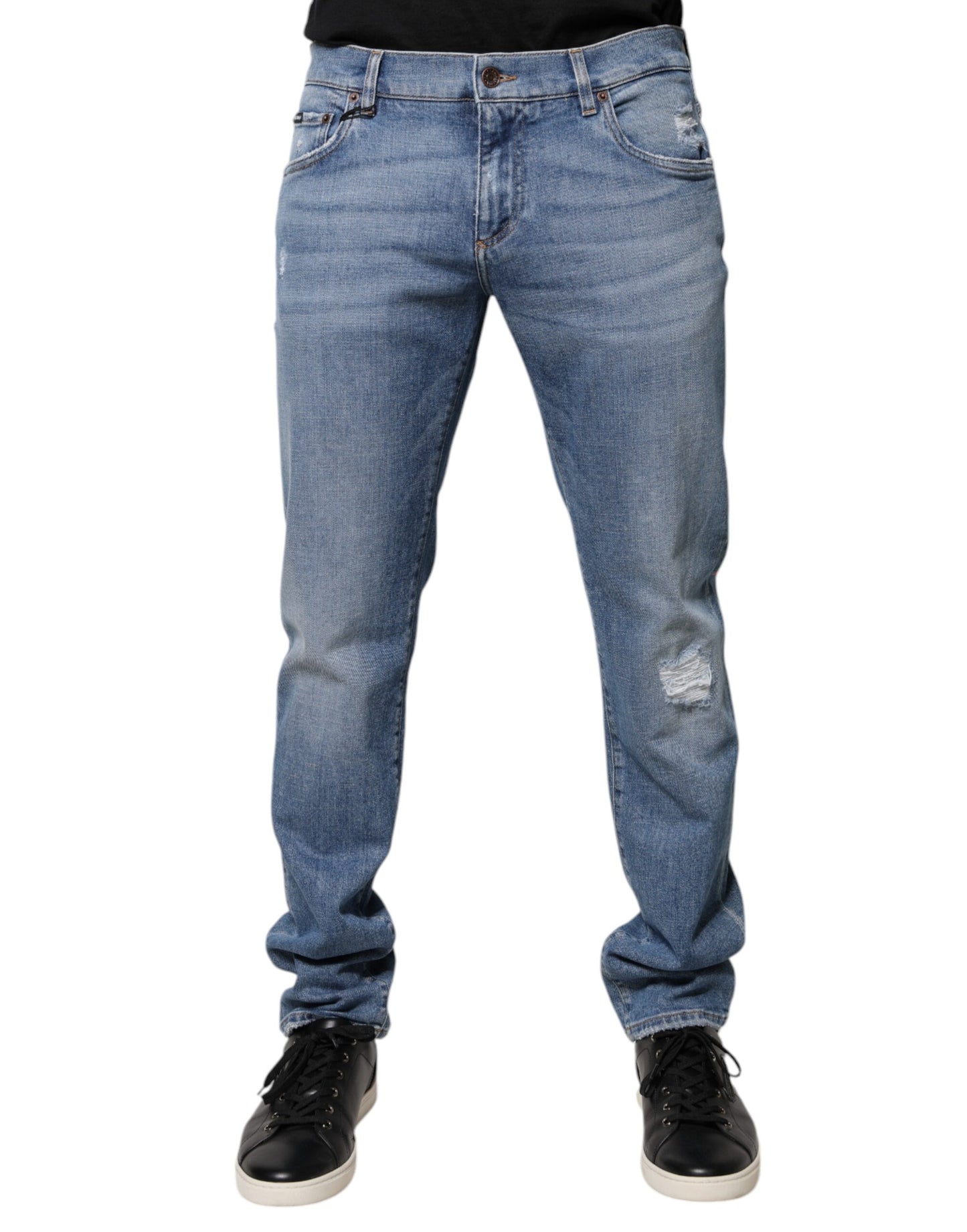 Blue Cotton Logo Tattered Skinny Denim Jeans