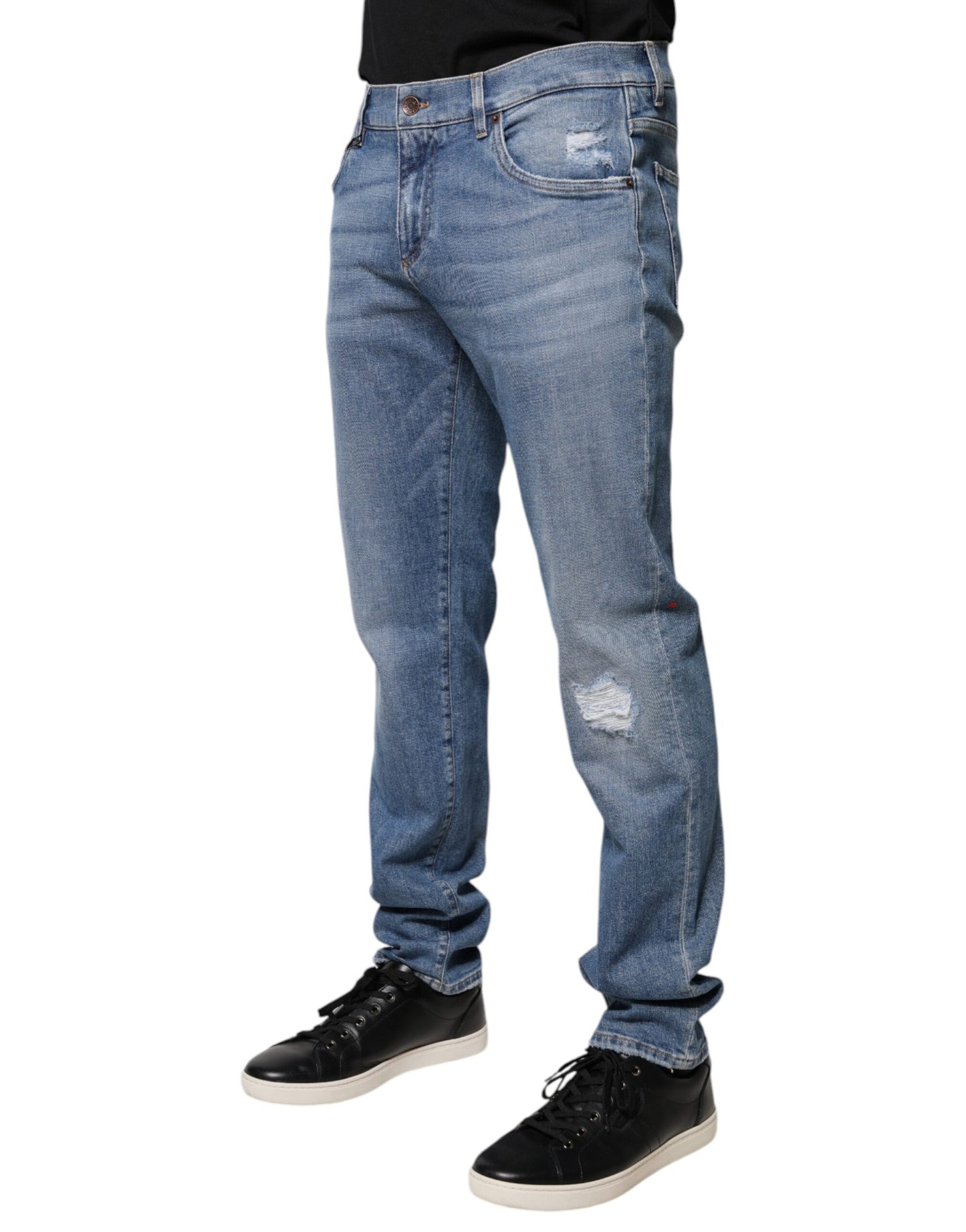 Blue Cotton Logo Tattered Skinny Denim Jeans