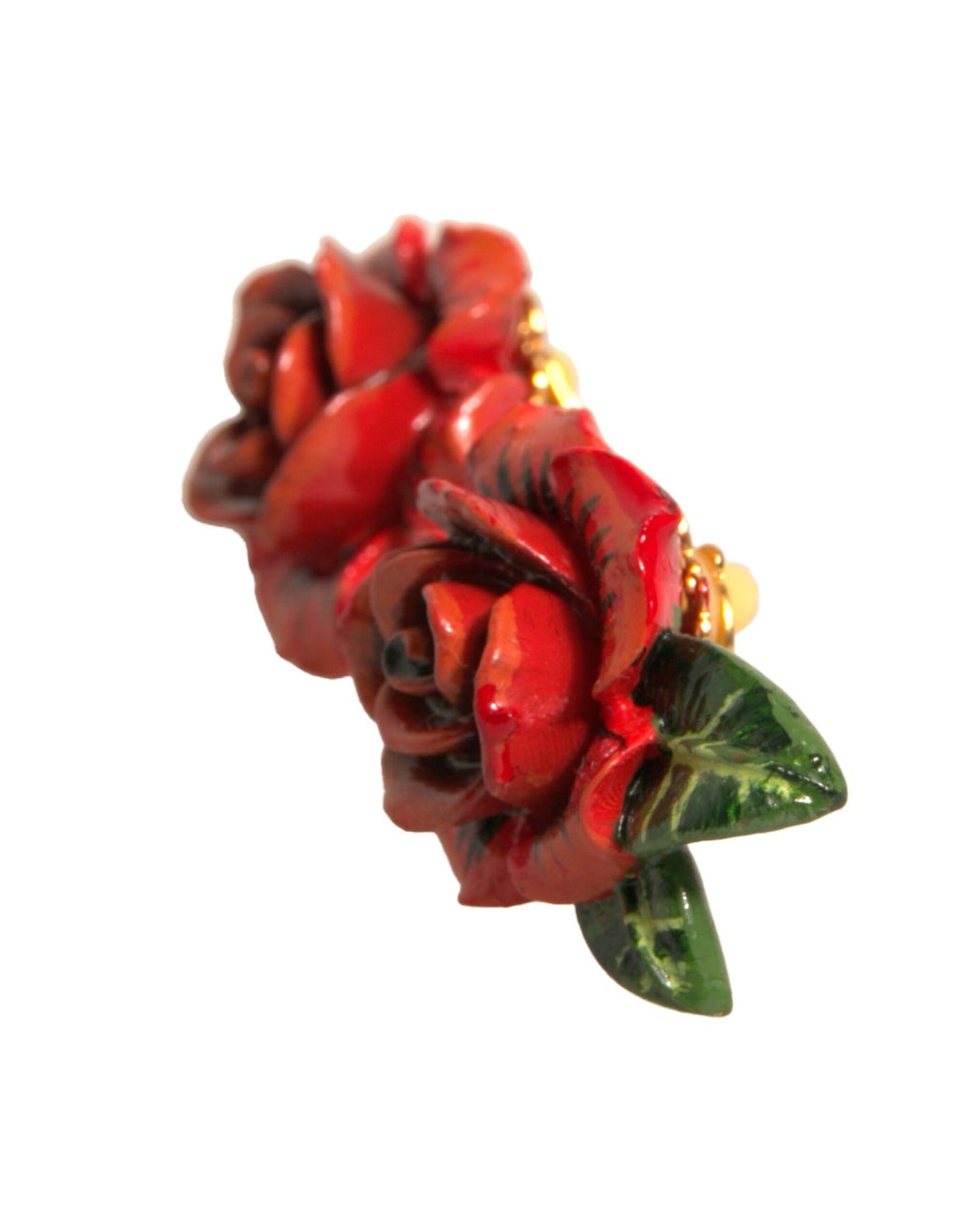 Red Gold Tone Brass Resin Roses Floral Clip On Earrings