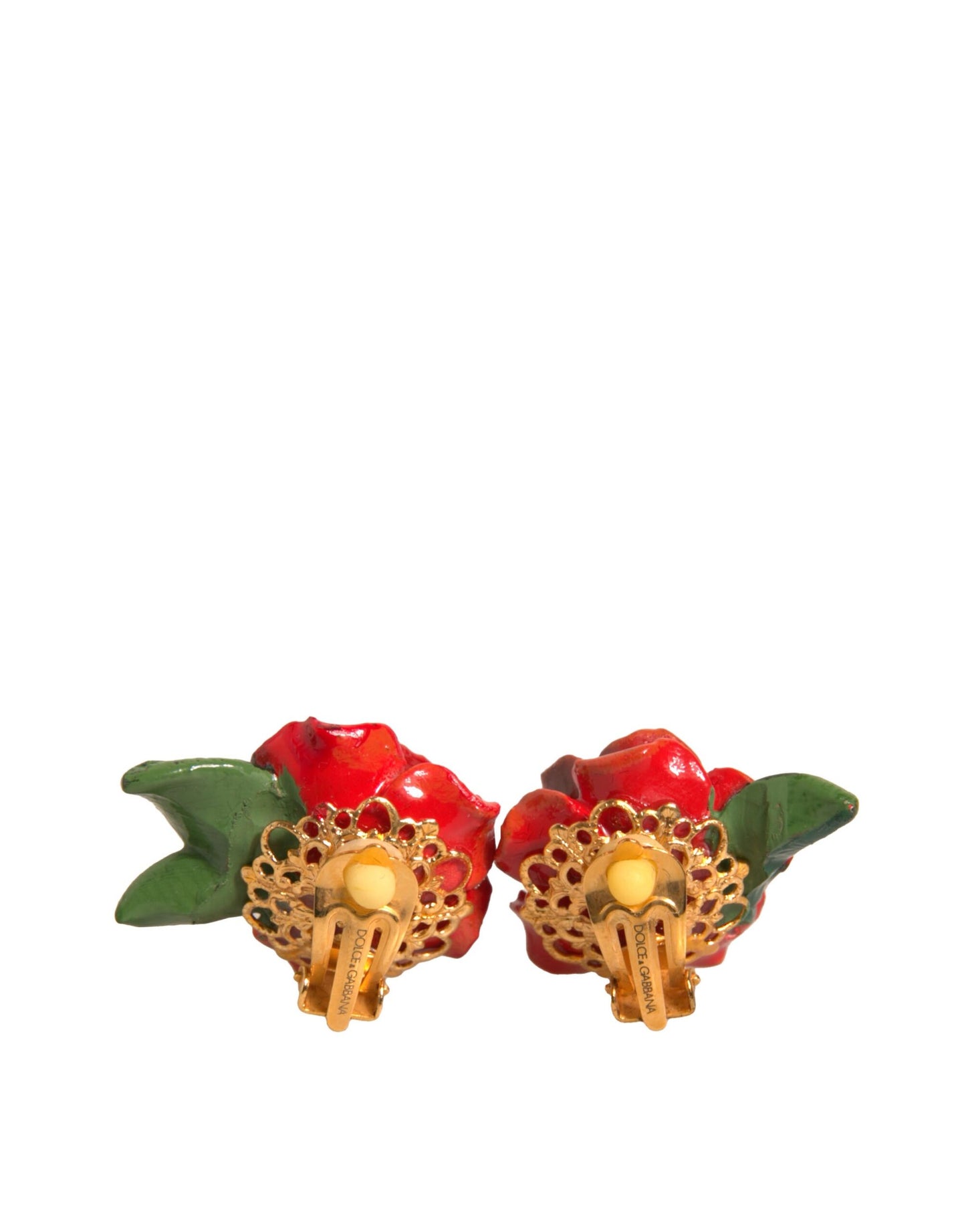 Red Gold Tone Brass Resin Roses Floral Clip On Earrings