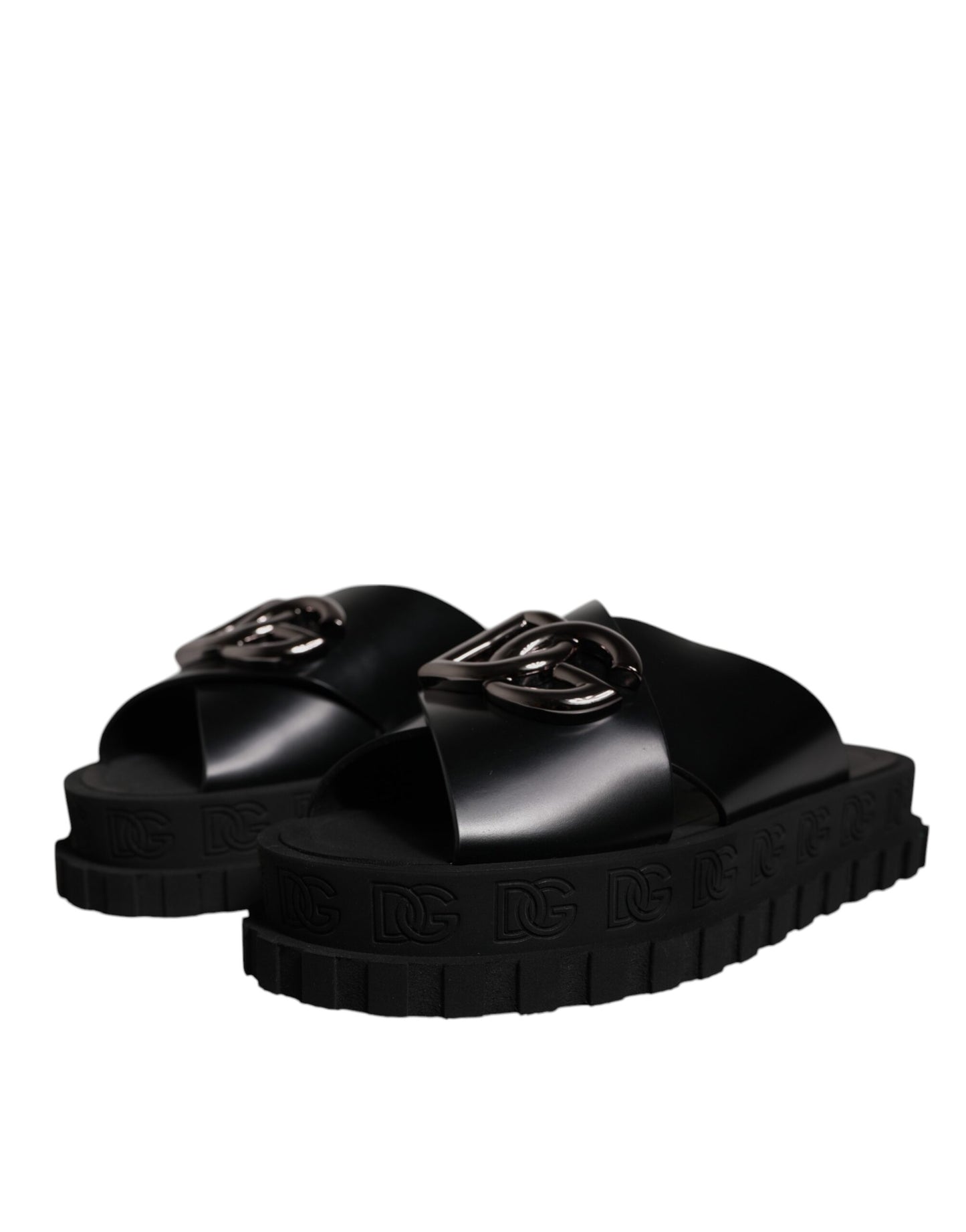 Black Leather DG Criss Cross Slides Sandals Shoes