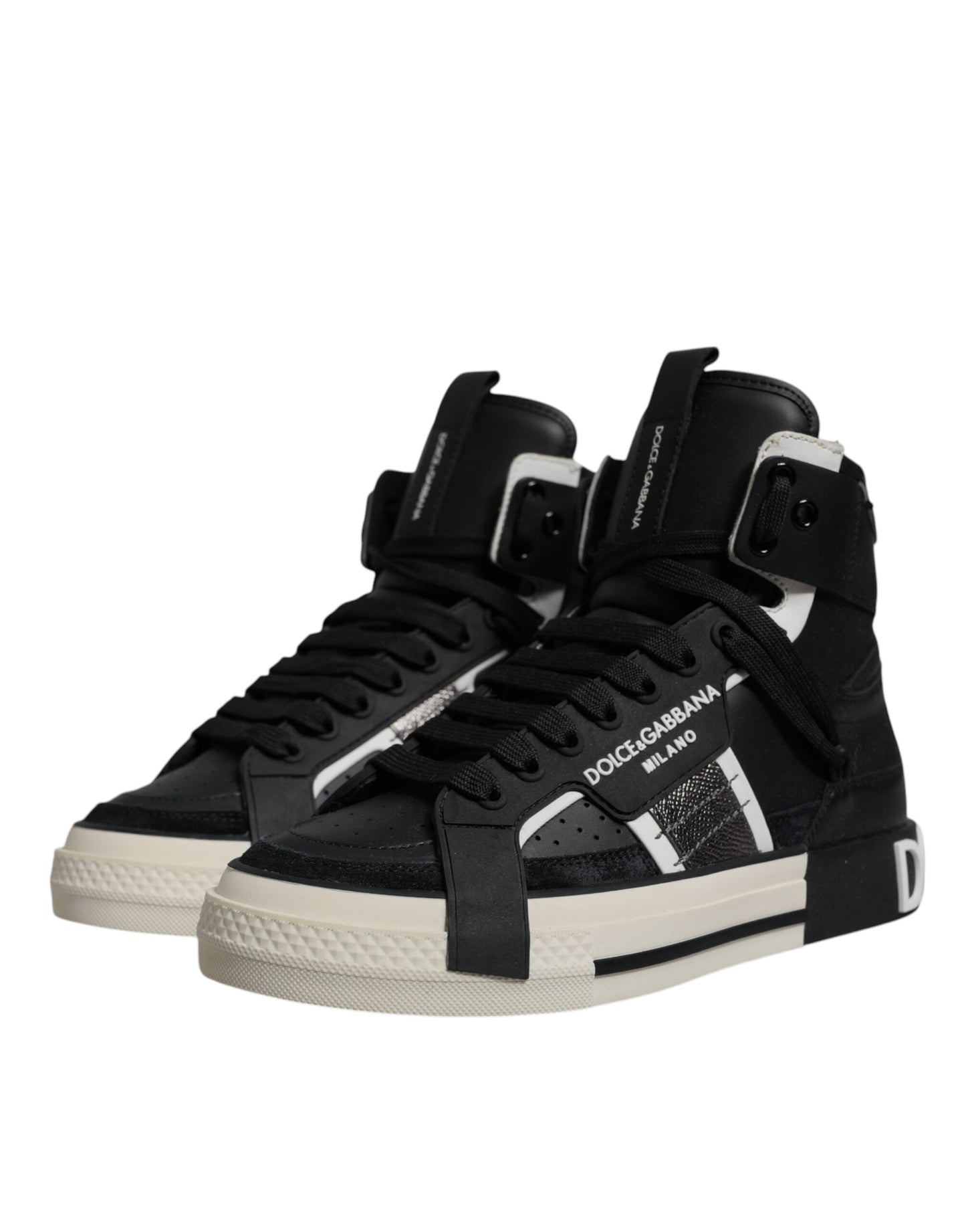 Black Silver Leather High Top Sneaker Shoes