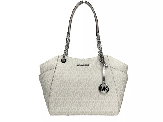 Jet Set Large Chain Shoulder Tote Bag White Silver