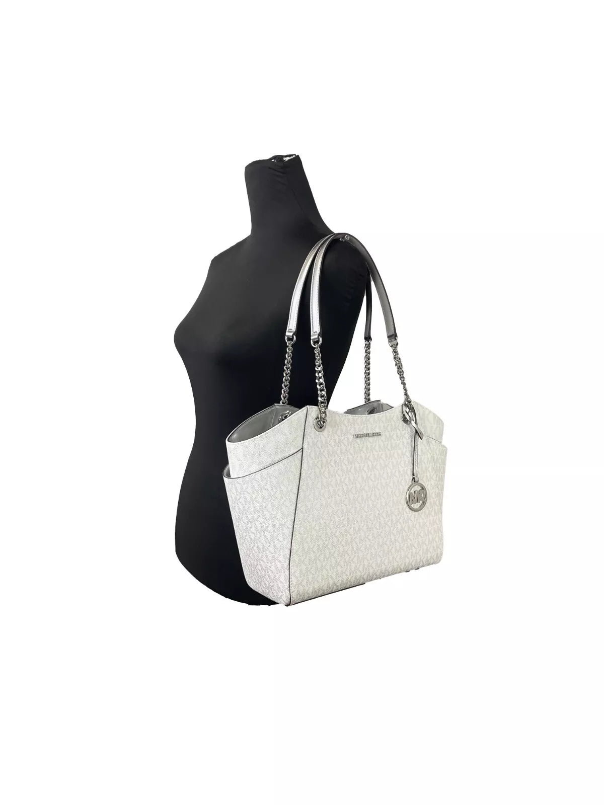 Jet Set Large Chain Shoulder Tote Bag White Silver