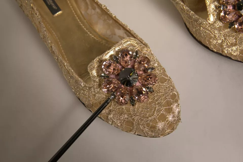 Gold Crystal Loafer Lace Ballet Flats Shoes