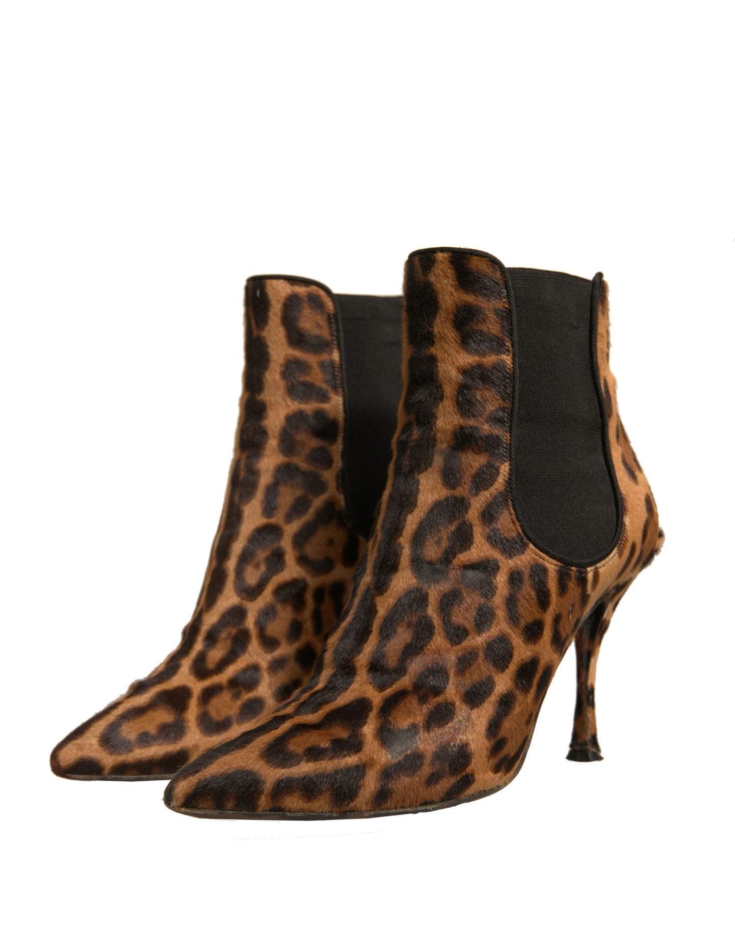 Brown Leopard Leather Stretch Heels Boots Shoes