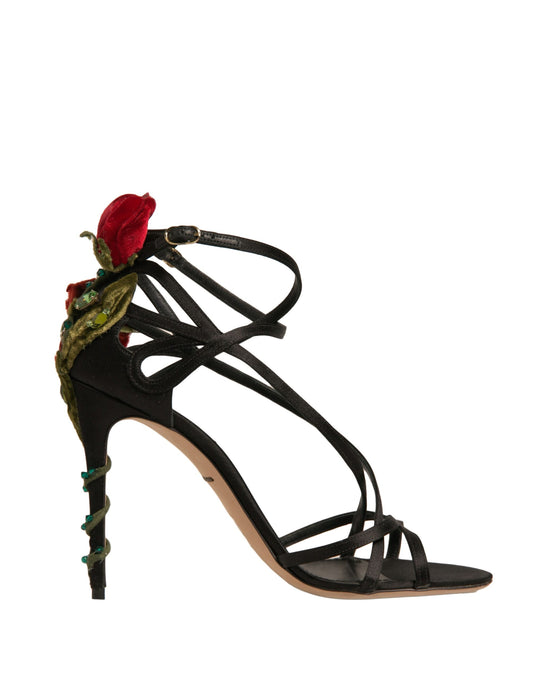 Black Strappy Flower Heels Sandals Shoes