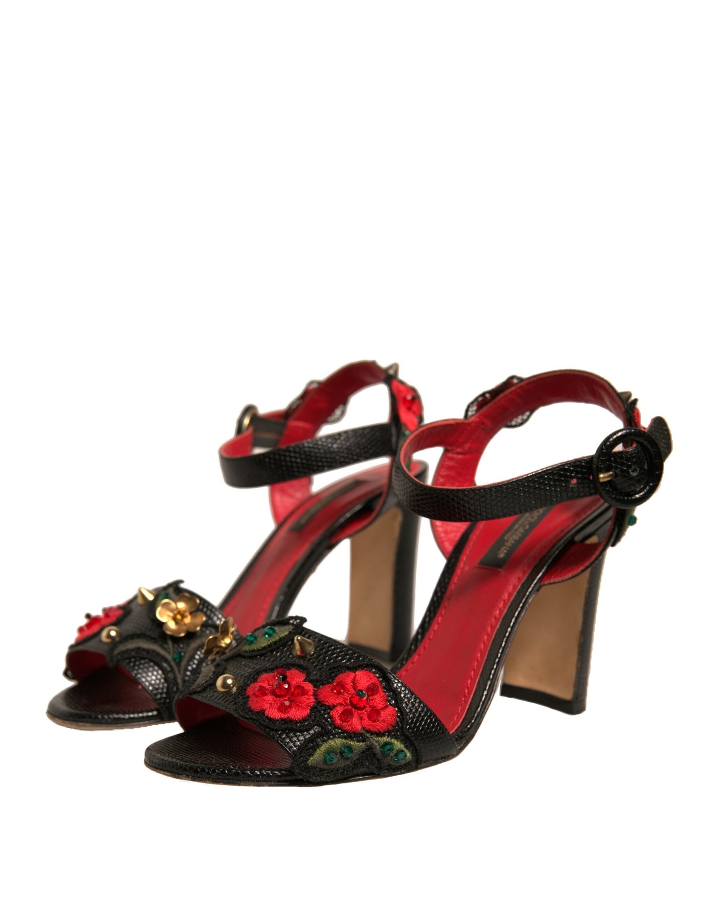 Black Embossed Carnation Heeled Sandals Shoes