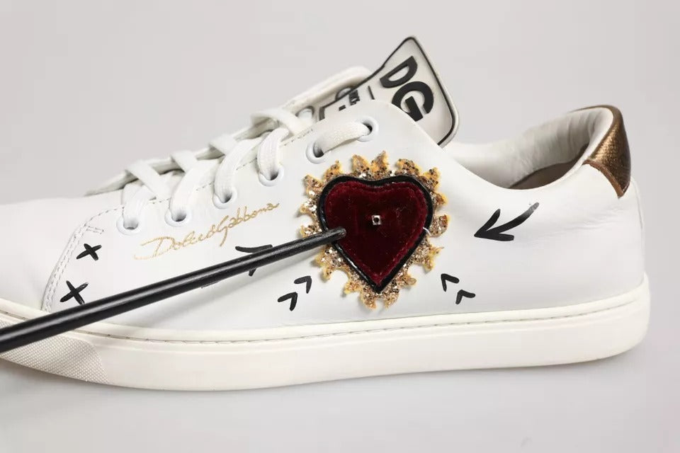 White Leather Heart Embellished Sneakers Shoes