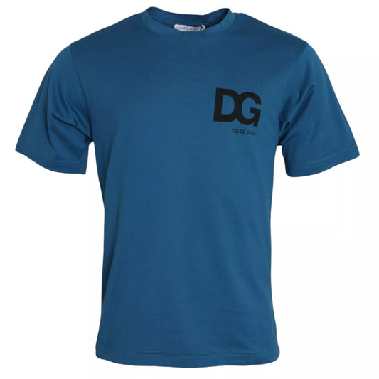 Blue Logo Cotton Round Neck Short Sleeves T-shirt