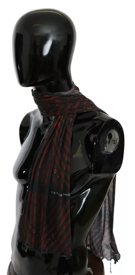 Black Red Viscose Foulard Branded Scarf