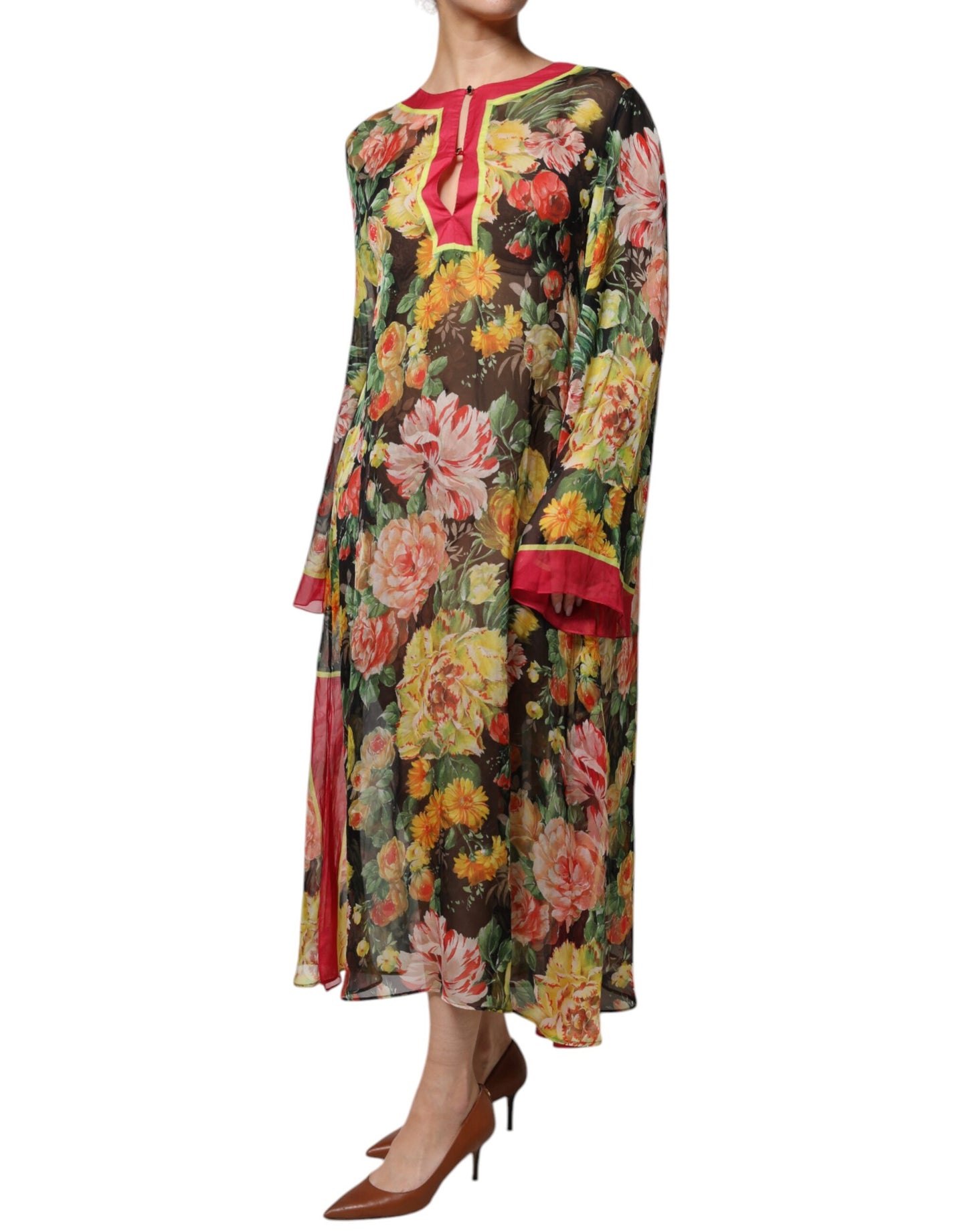 Multicolor Floral Silk Kaftan Maxi Dress