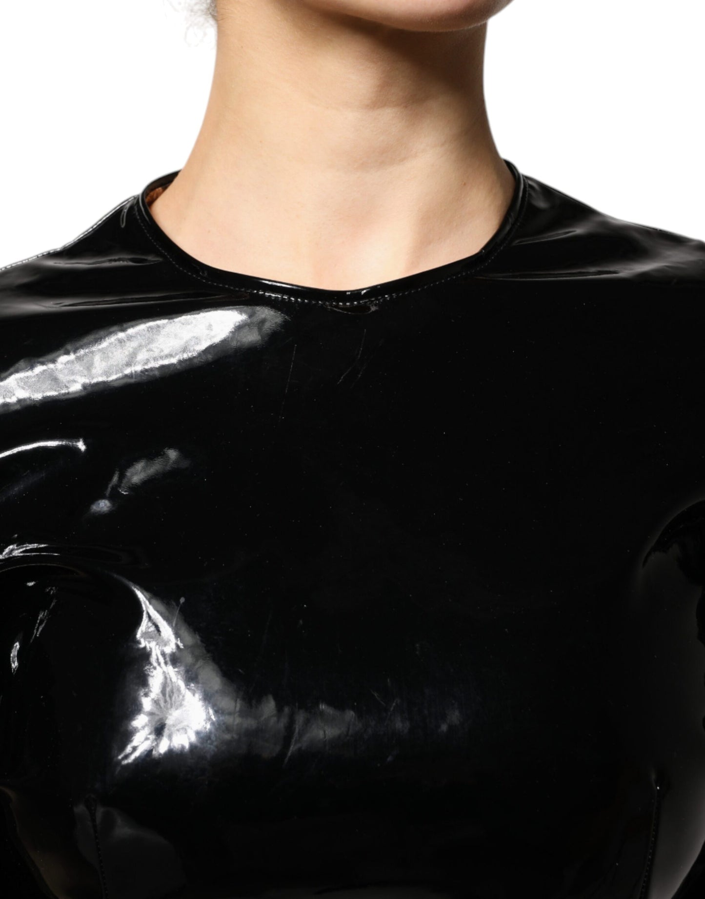 Black Patent Leather Puff Sleeves Mini Dress