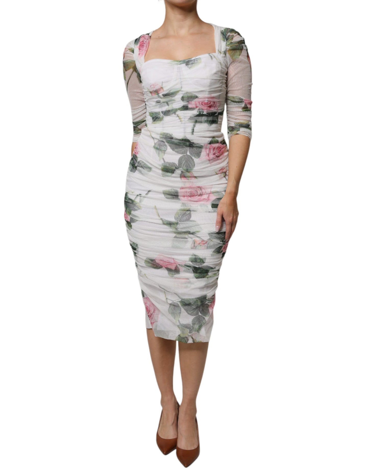 White Roses Print Cotton Pleated Midi Dress