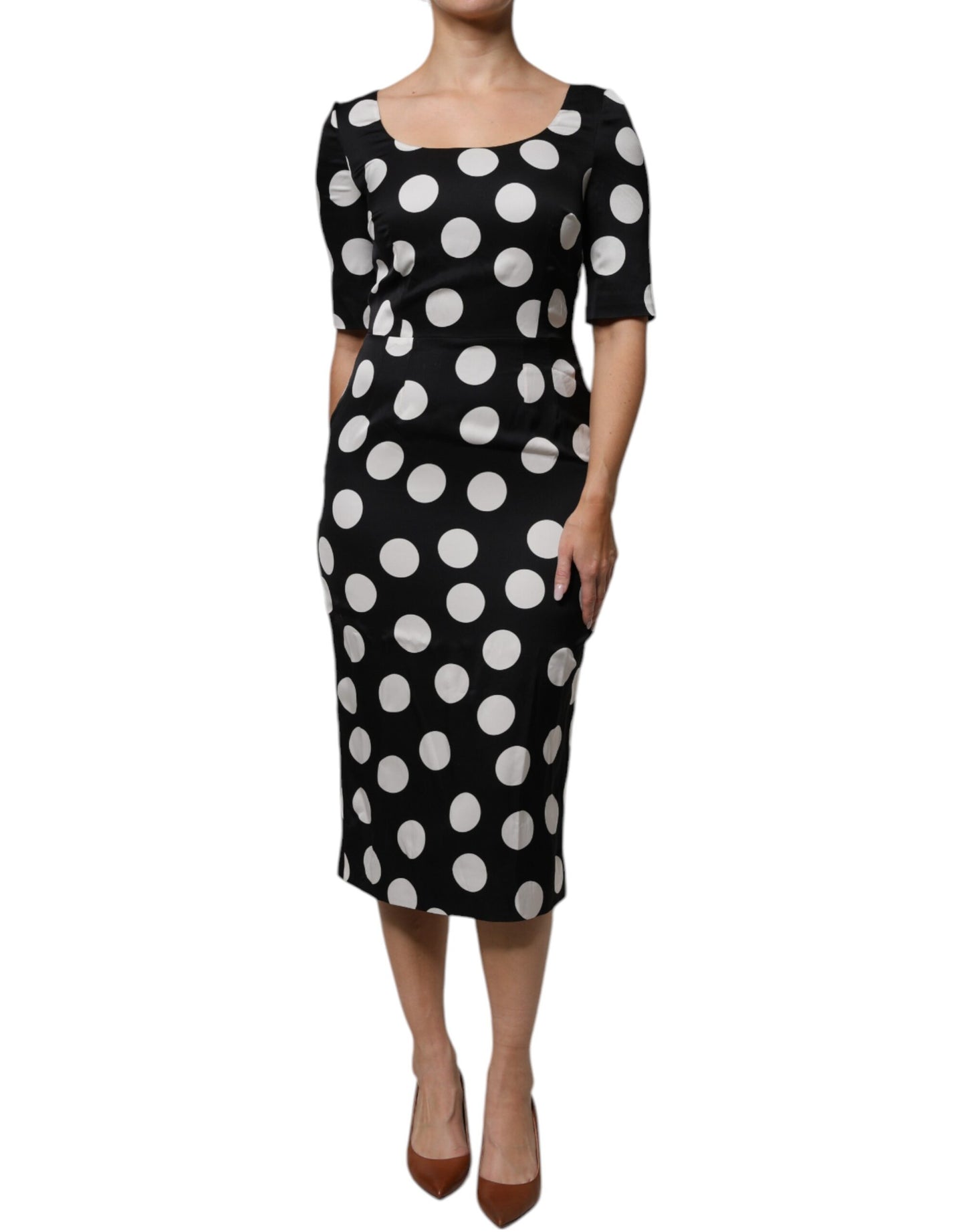 Black White Silk Polka Dots Sheath Midi Dress