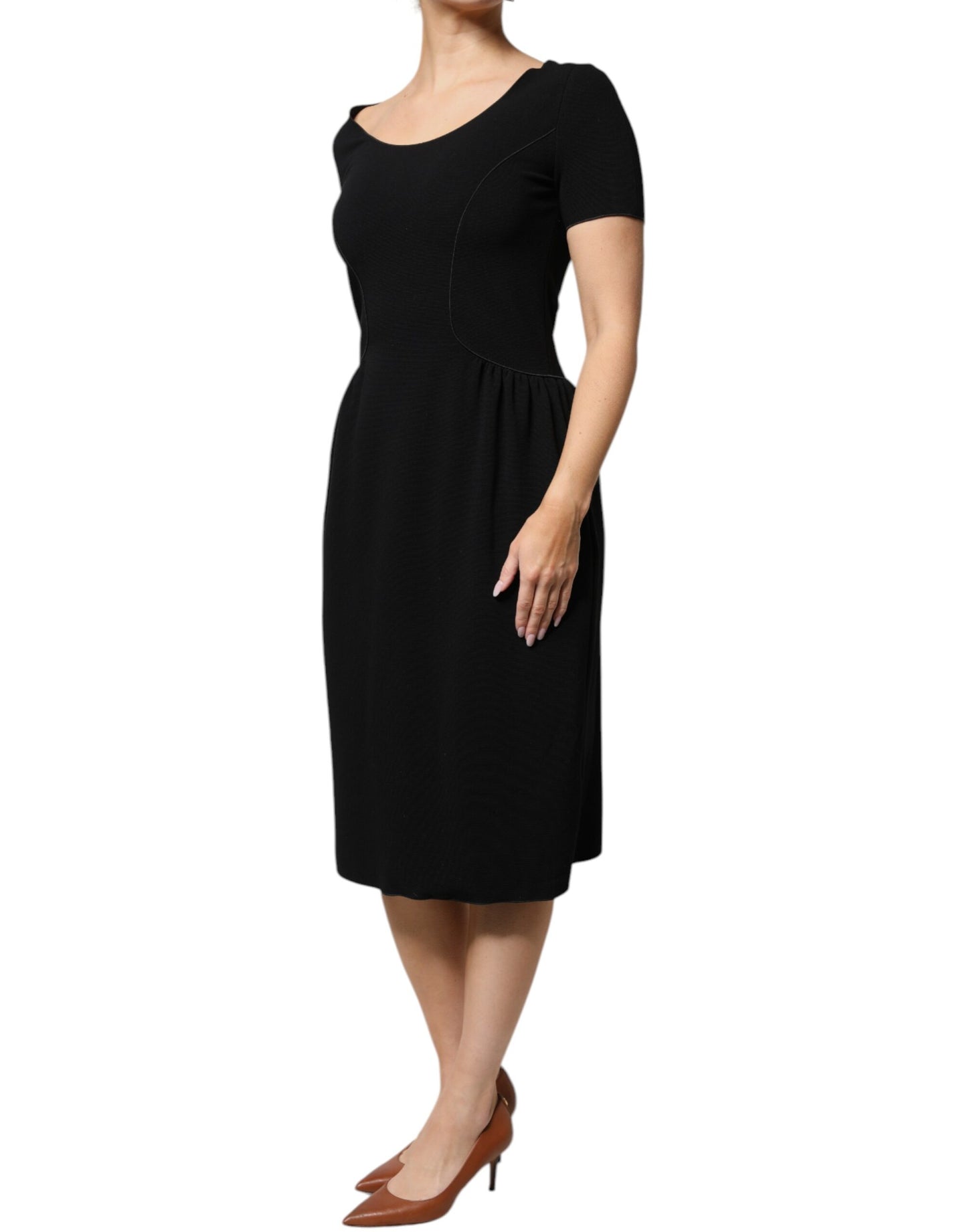 Black Viscose Short Sleeves Sheath Midi Dress