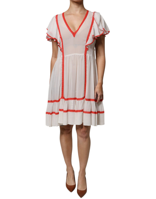 White Viscose Ruffle Sleeves A-line Pleated Mini Dress