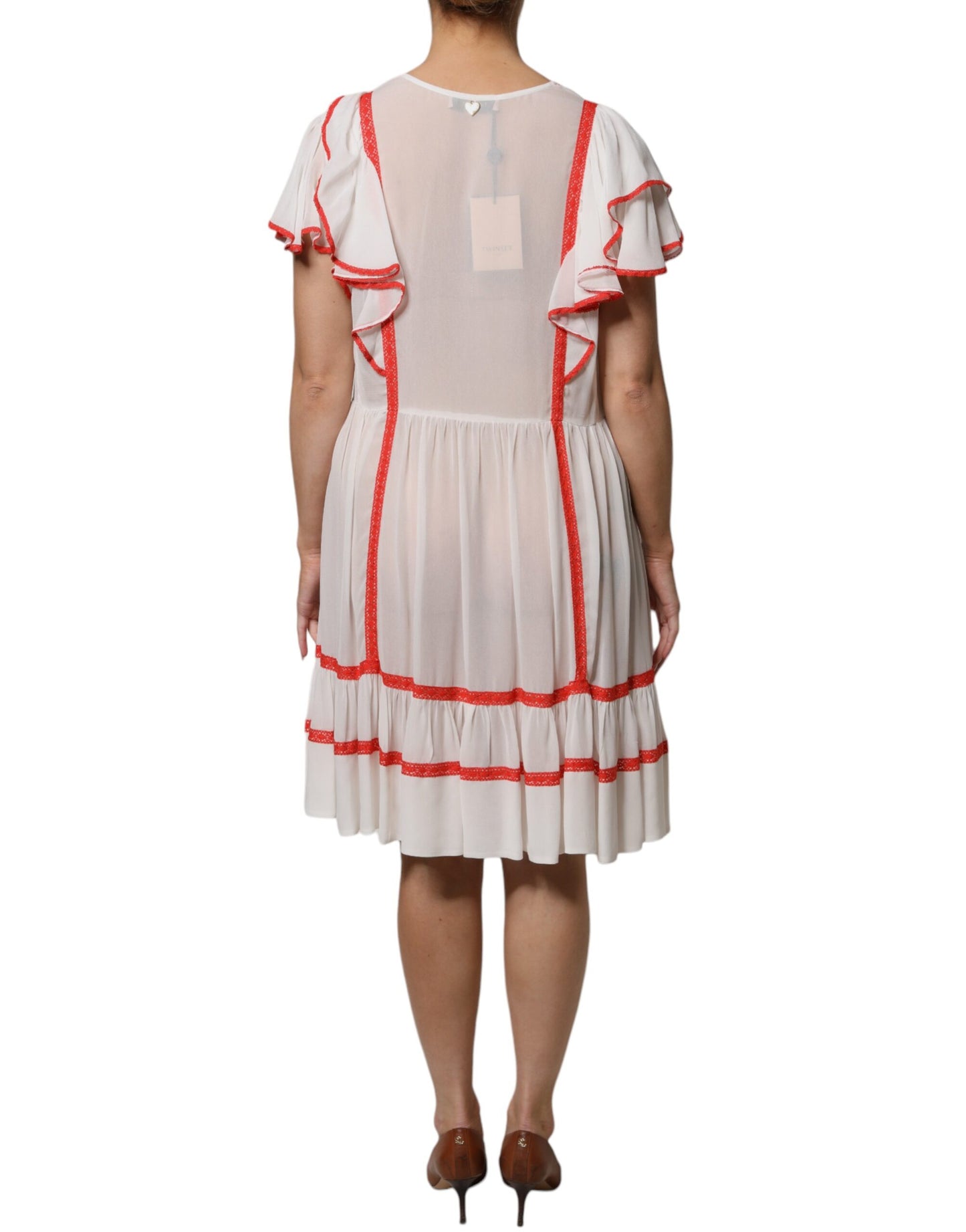 White Viscose Ruffle Sleeves A-line Pleated Mini Dress