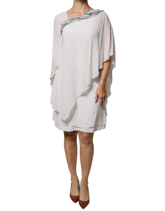 White Floral Embroidery Viscose Chiffon Shift Dress