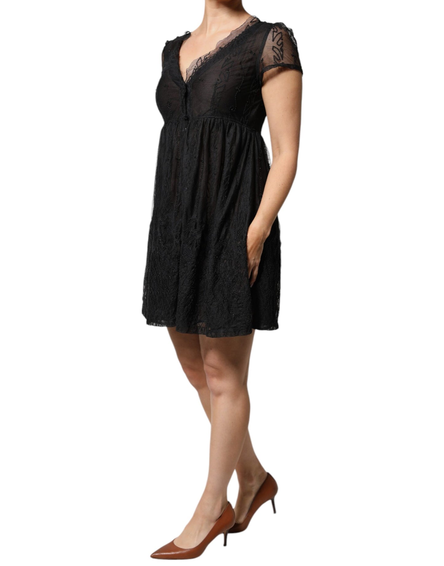 Black Short Sleeves Floral Lace Trim A-line Mini Dress