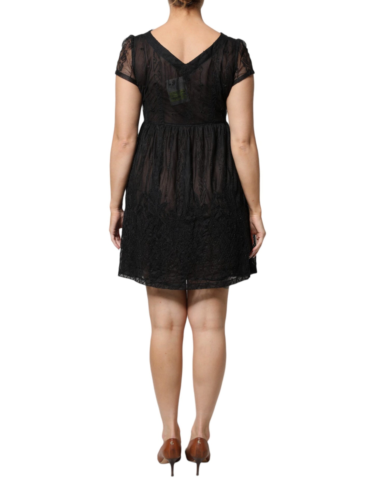 Black Short Sleeves Floral Lace Trim A-line Mini Dress