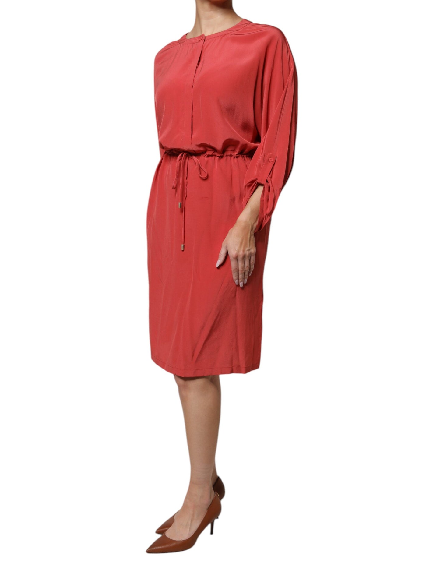 Red Long Sleeves Pencil Cut Drawstring Waist Dress