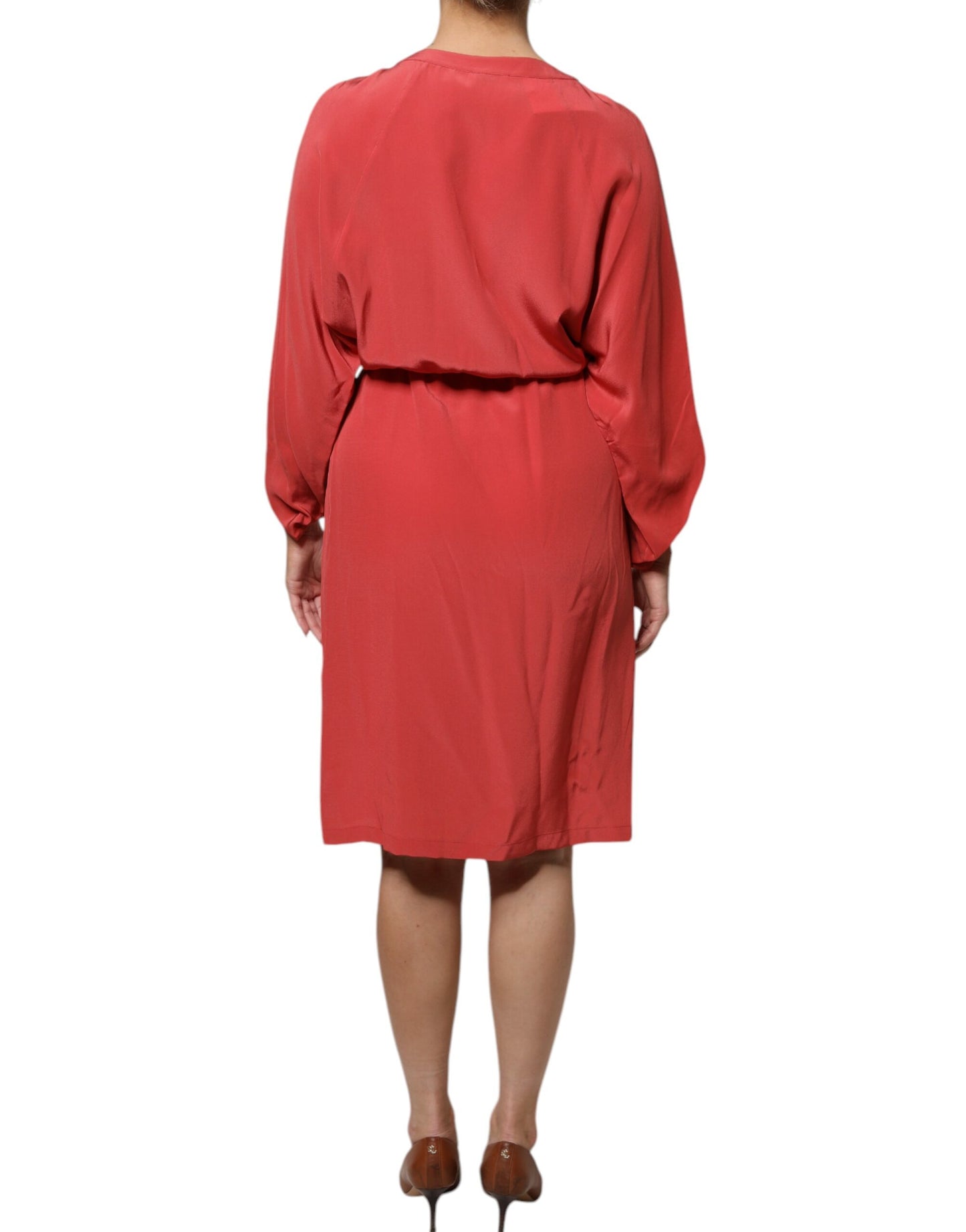 Red Long Sleeves Pencil Cut Drawstring Waist Dress