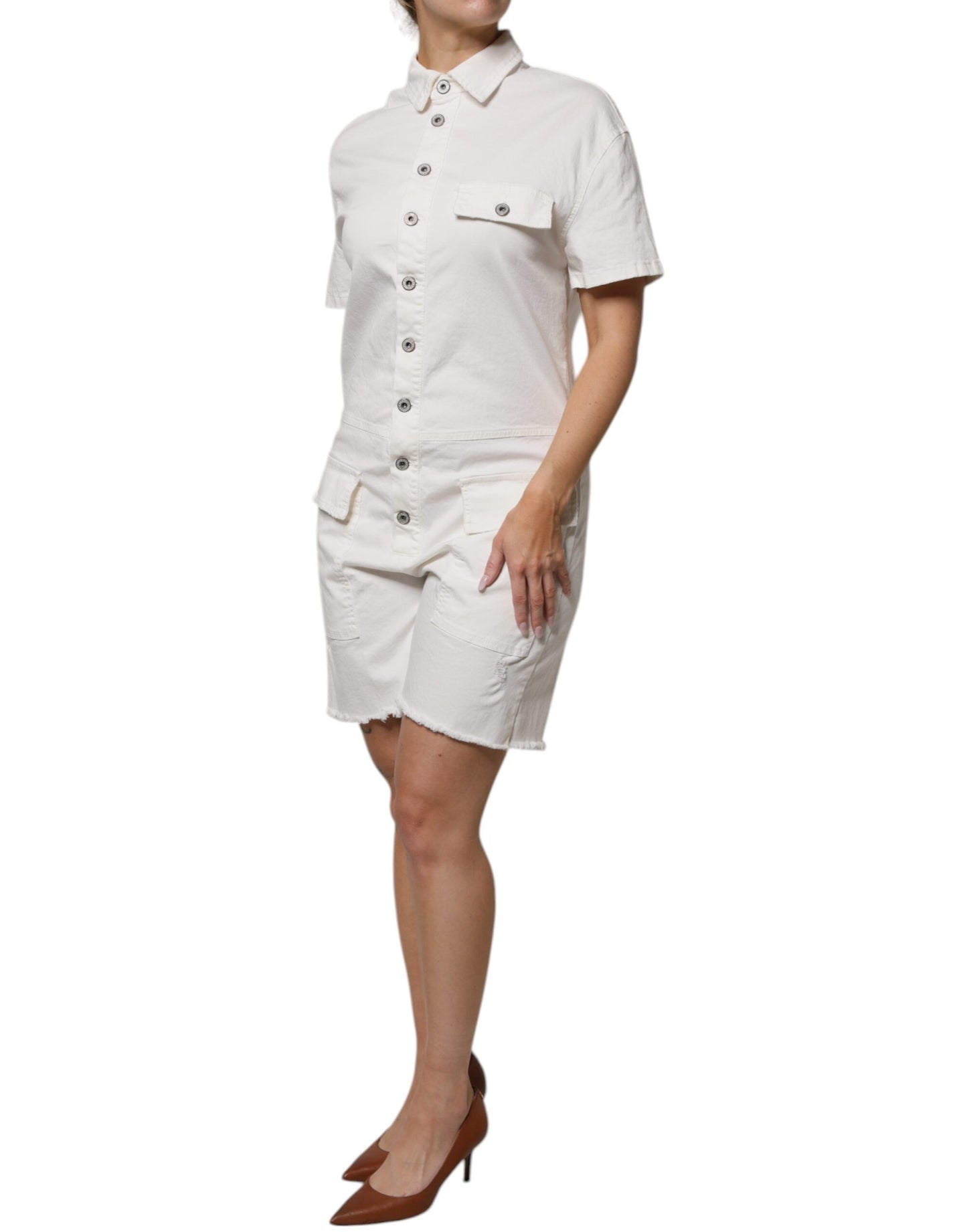 White Cotton Short Sleeves Button Down Romper Dress