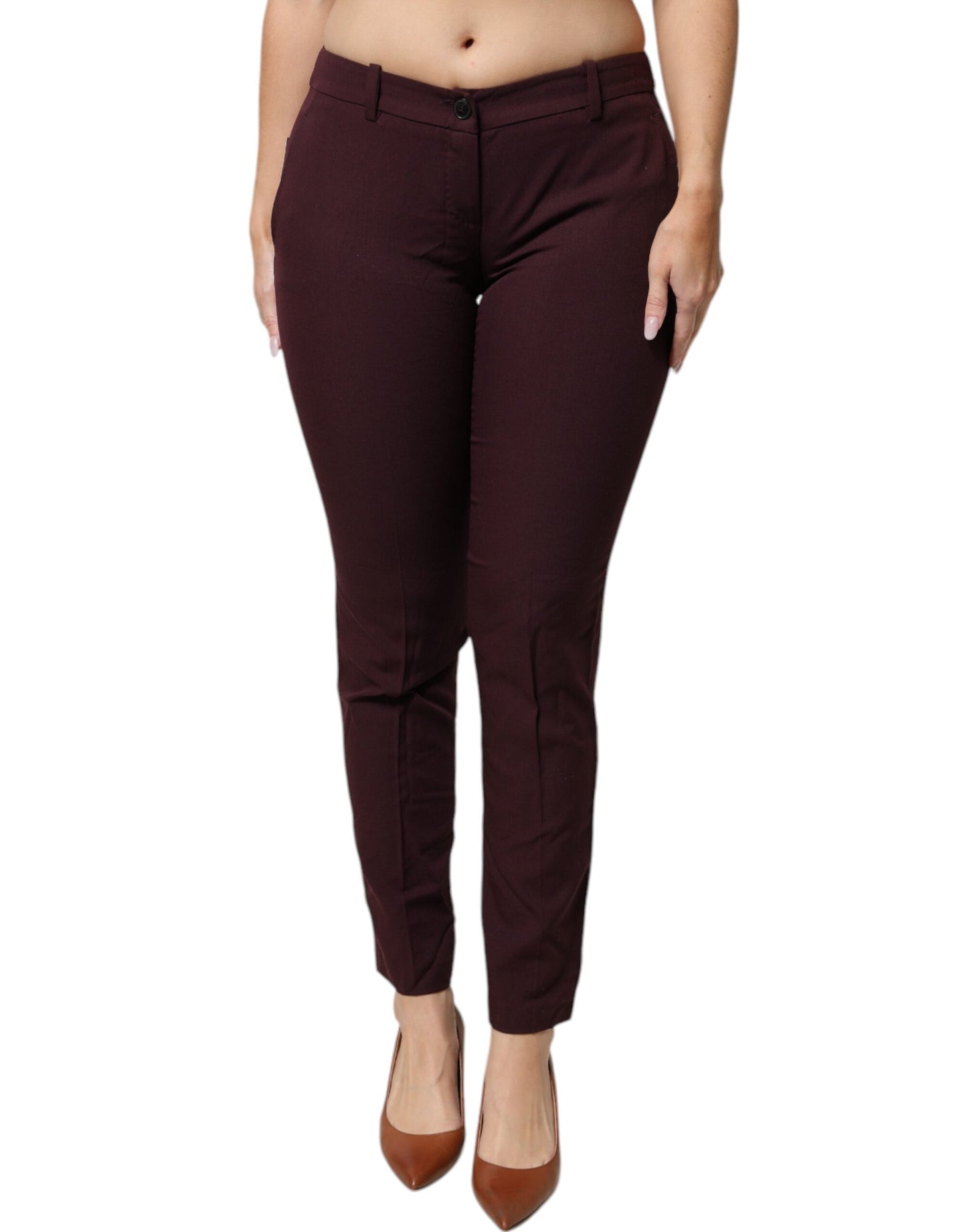 Maroon Mid Waist Tapered Skinny Dress Pants