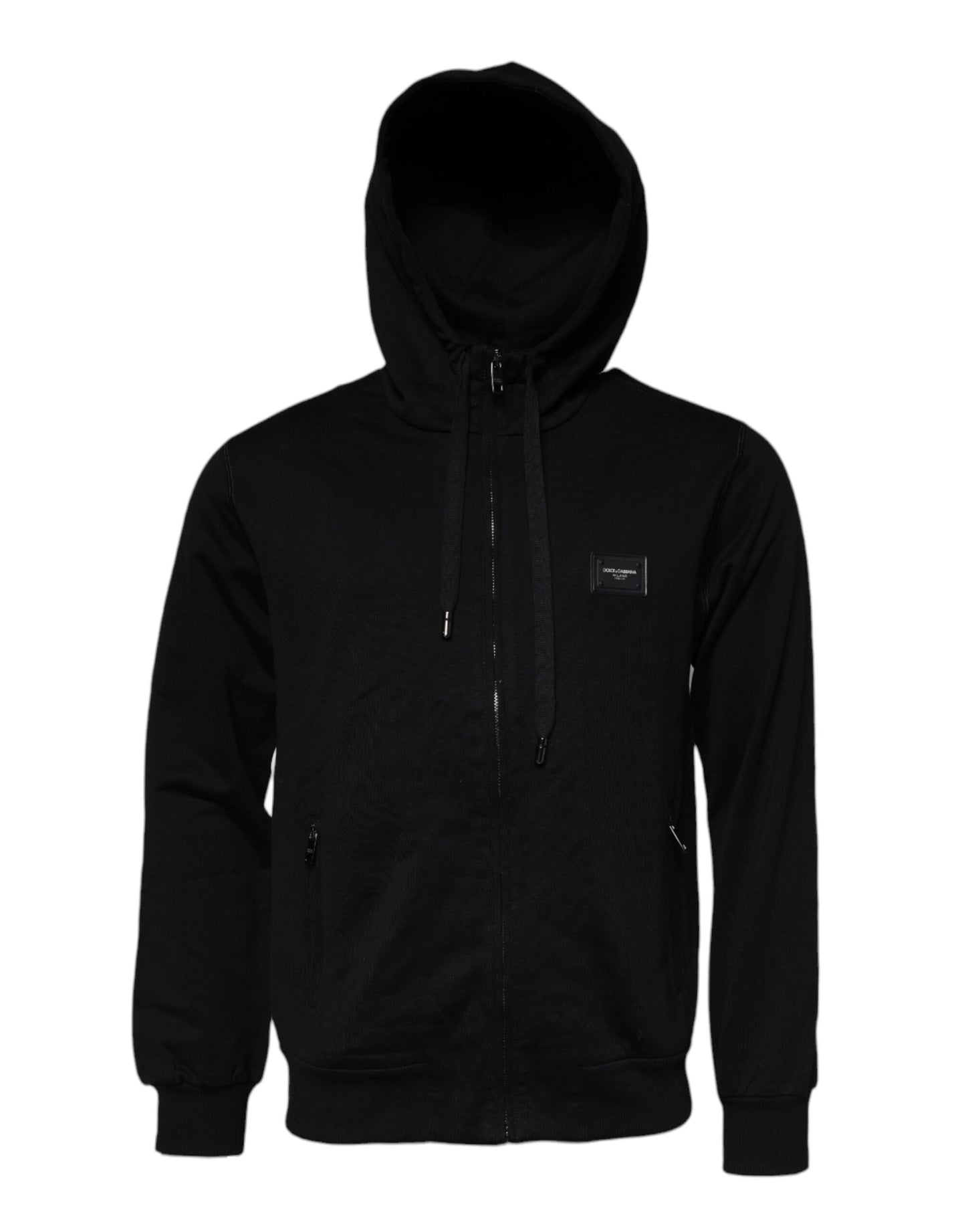 Black Logo Plaque Hooded Men Full Zip Sweater