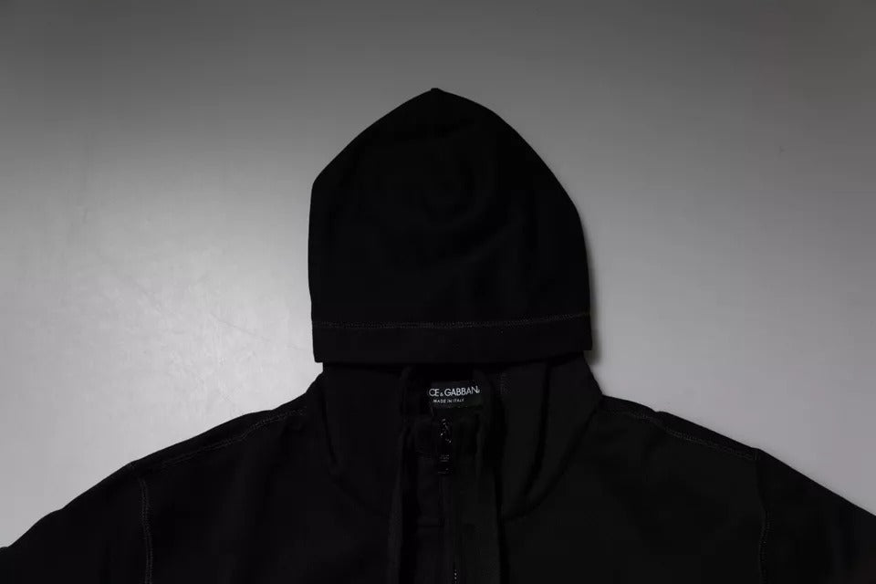 Black Logo Plaque Hooded Men Full Zip Sweater