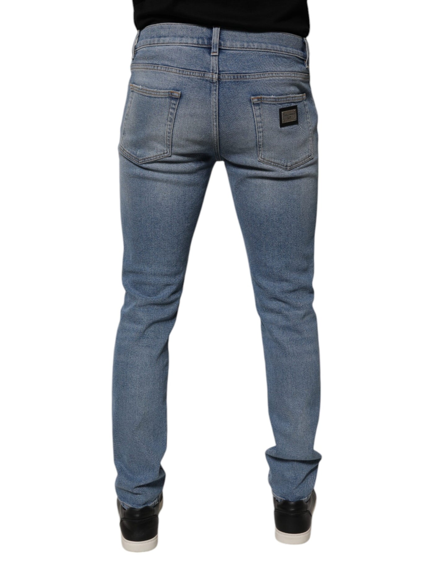 Light Blue Tattered Logo Slim Men Denim Jeans